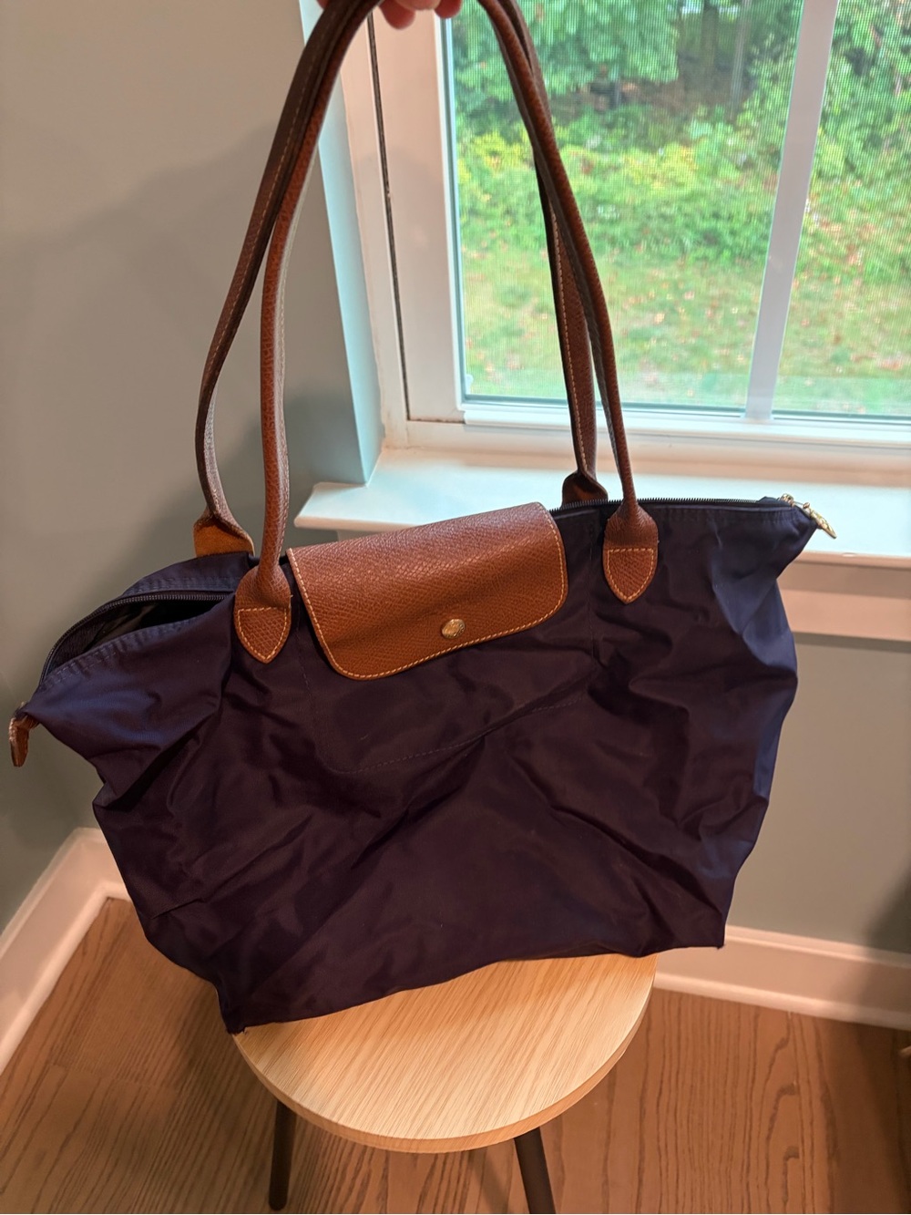 Longchamp Dark Purple Tote with Brown Trim – Everyday Shoulder Bag